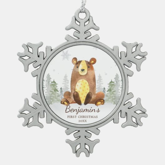 ウォーターカラーフォレストベアベビー初めてのクリスマス スノーフレークピューターオーナメント (正面)