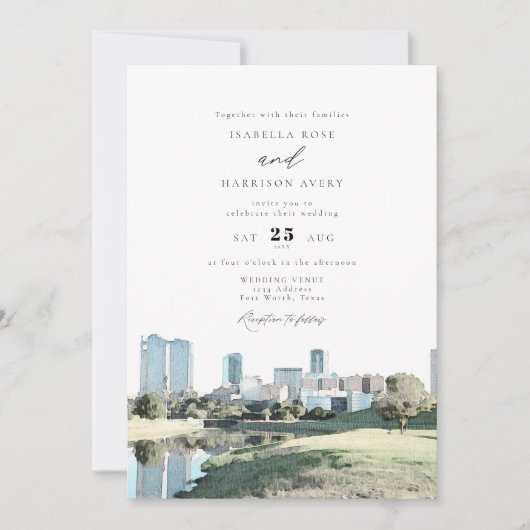 ウォーターカラーフォートワーステキサス州シティスカイライン結婚ズ 招待状 (正面)