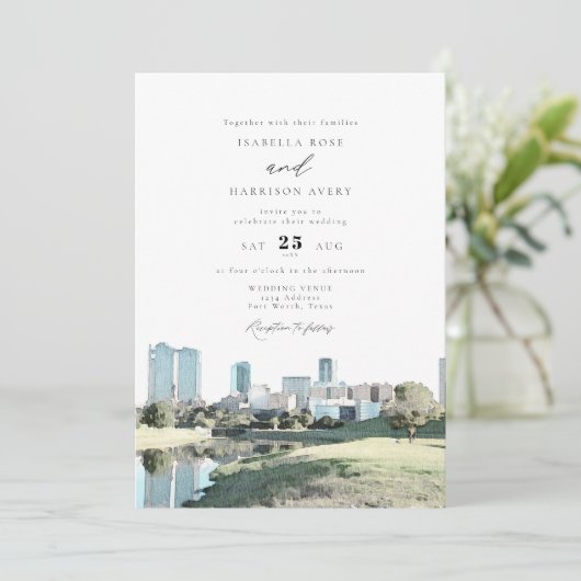 ウォーターカラーフォートワーステキサス州シティスカイライン結婚ズ 招待状 (スタンド正面)