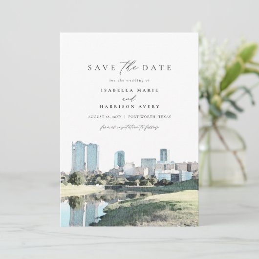ウォーターカラーフォートワーステキサス州スカイライン日付を保存 招待状 (スタンド正面)