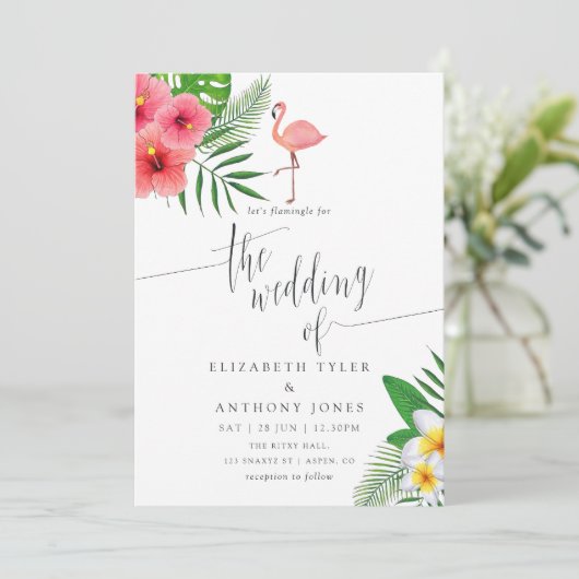 ウォーターカラーフラミンゴアロハルアウ（ハワイ式宴会）ビーチ結婚式 招待状 (スタンド正面)