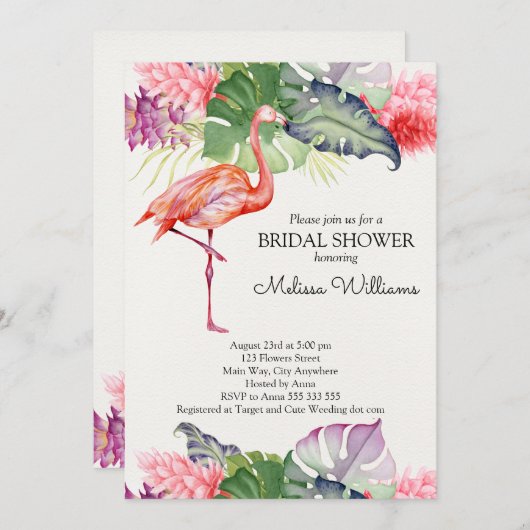 ウォーターカラーフラミンゴトロピカルサマーブライダルシャワー 招待状 (正面/裏面)