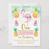 ウォーターカラーフラミンゴ第1誕生日招待状 招待状 (正面)