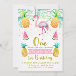ウォーターカラーフラミンゴ第1誕生日招待状 招待状