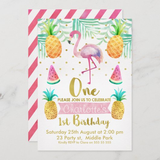 ウォーターカラーフラミンゴ第1誕生日招待状 招待状 (正面/裏面)