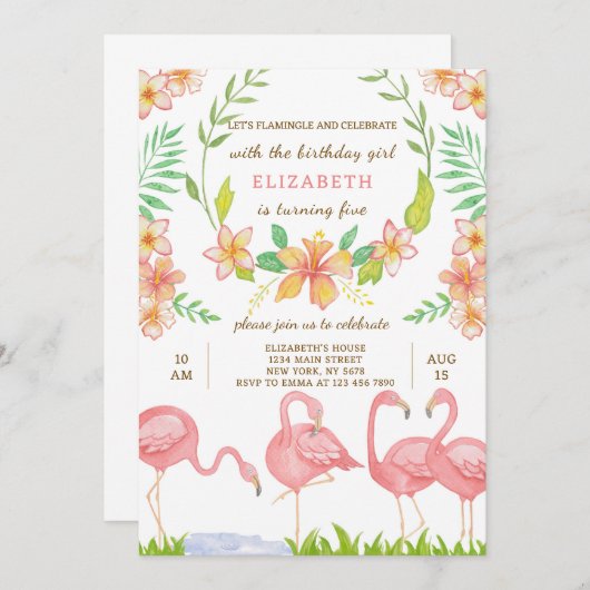 ウォーターカラーフラミンゴ誕生日招待状 招待状 (正面/裏面)