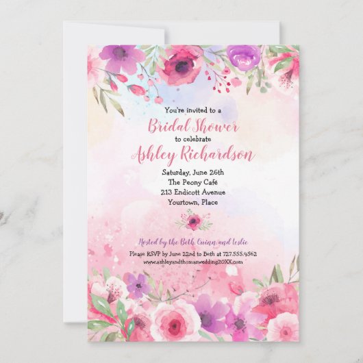 ウォーターカラーフラワーガーデンブライダルシャワーパーティー 招待状 (正面)