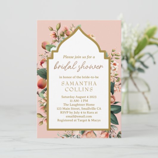 ウォーターカラーフラワーズピーチ金ゴールドブライダルシャワー 招待状 (スタンド正面)