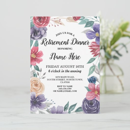 ウォーターカラーフラワーズリタイアメントパーティー退職した招待状 招待状 (スタンド正面)