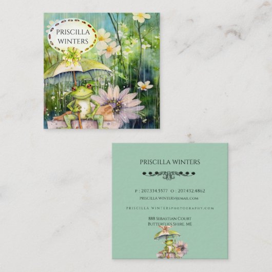 ウォーターカラーフロッグアンブレラレインティール（緑がかった色） スクエア名刺 (正面/裏面)