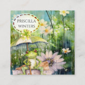 ウォーターカラーフロッグアンブレラレインティール（緑がかった色） スクエア名刺 (正面)