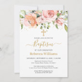 ウォーターカラーフローラアプリコットピンクローゼスベビー洗礼 招待状 (正面)