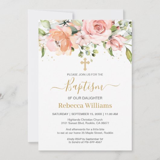 ウォーターカラーフローラアプリコットピンクローゼスベビー洗礼 招待状 (正面)