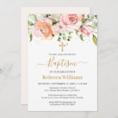 ウォーターカラーフローラアプリコットピンクローゼスベビー洗礼 招待状 (正面/裏面)