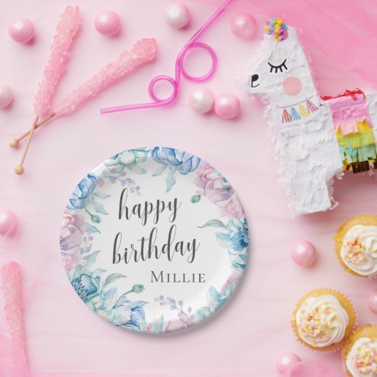 ウォーターカラーフローラエレガントファームハウスハッピーバースデー ペーパープレート (パーティー)