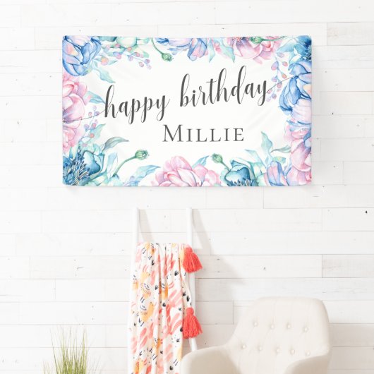 ウォーターカラーフローラエレガントファームハウスハッピーバースデー 横断幕 (インサイチュ)