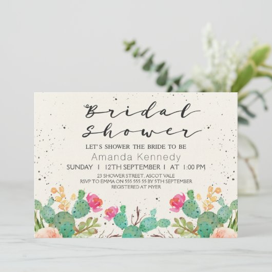 ウォーターカラーフローラカクタスブライダルシャワー招待 招待状 (スタンド正面)