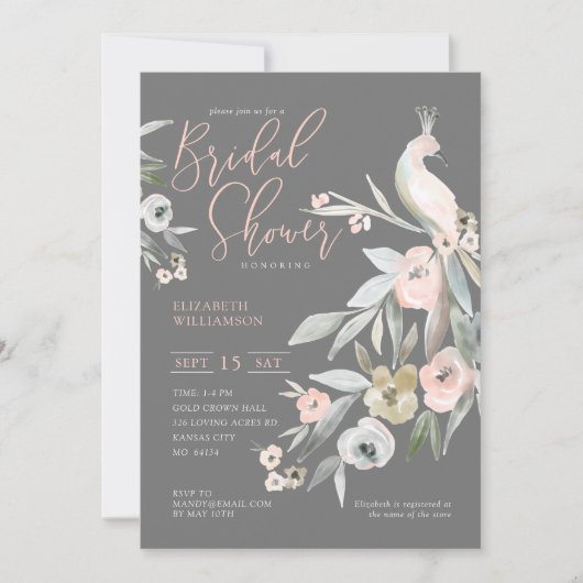 ウォーターカラーフローラガーデンピーコックブライダルシャワー 招待状 (正面)