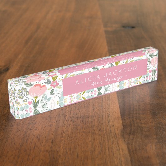 ウォーターカラーフローラコーラルピンクブティックマネージャー デスクネームプレート (側面)