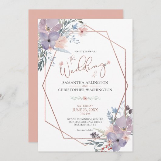 ウォーターカラーフローラバラ金ゴールドテラコテ結婚ス 招待状 (正面/裏面)