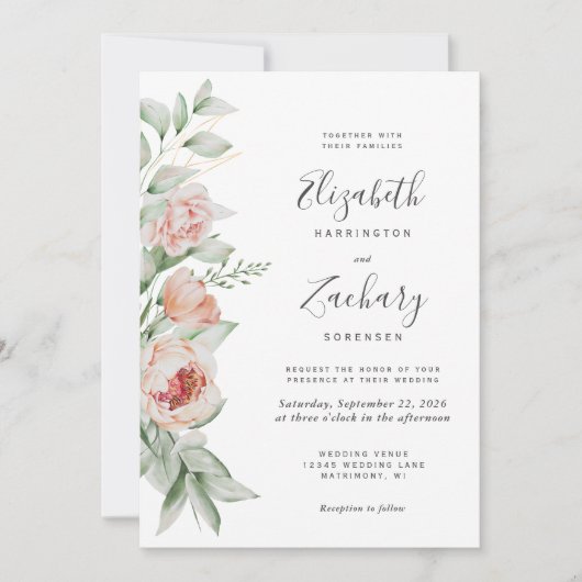 ウォーターカラーフローラピーチ赤面結婚ズ 招待状 (正面)