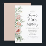 ウォーターカラーフローラピーチ赤面60th誕生日 招待状<br><div class="desc">この離れバースデーパーティーの招待状の手の端には、桃と赤面の花と緑の水色のフローラの花束が含まれている。カスタマイズ可能な文字は、スクリプトとサンセリフのフォントを白い背景の木炭グレーで組み合わせる。裏面はコーディネート無地の色。任意の誕生日の文字を編集できる。</div>