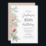 ウォーターカラーフローラピーチ赤面80th誕生日 招待状<br><div class="desc">この離れバースデーパーティーの招待状の手の端には、桃と赤面の花と緑の水色のフローラの花束が含まれている。カスタマイズ可能な文字は、スクリプトとサンセリフのフォントを白い背景の木炭グレーで組み合わせる。裏面はコーディネート無地の色。任意の誕生日の文字を編集できる。</div>