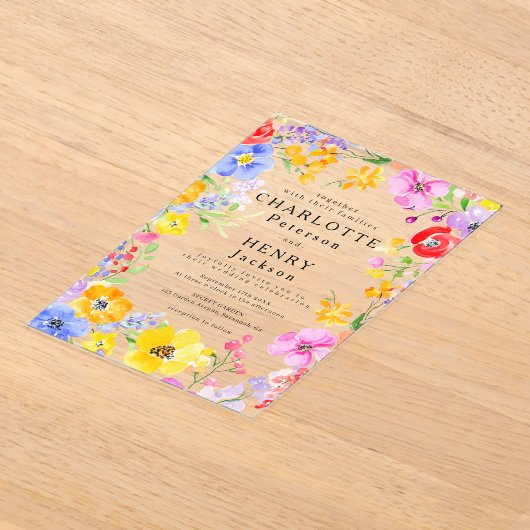 ウォーターカラーフローラモダンガーデン春の結婚式 アクリル招待状 (レイダウン)