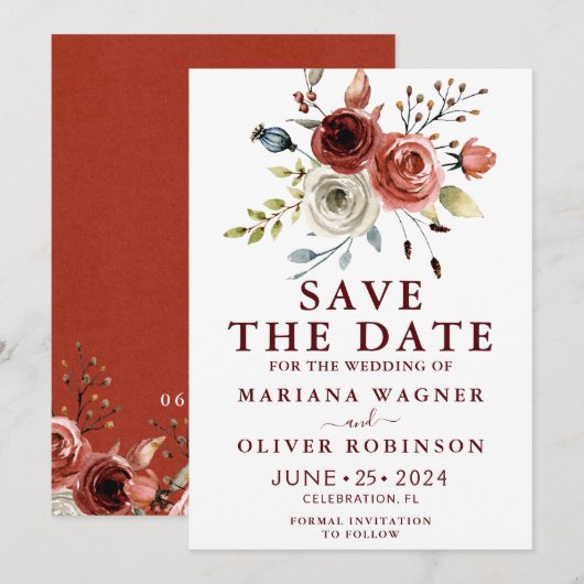 ウォーターカラーフローラルの紅葉 Save the Date 招待状 (正面/裏面)