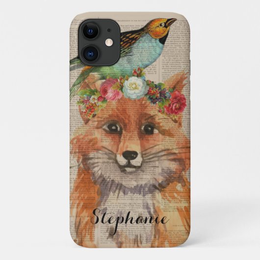ウォーターカラーフローラルクラウンフォックス カスタムネーム Case-Mate iPhoneケース (裏面)