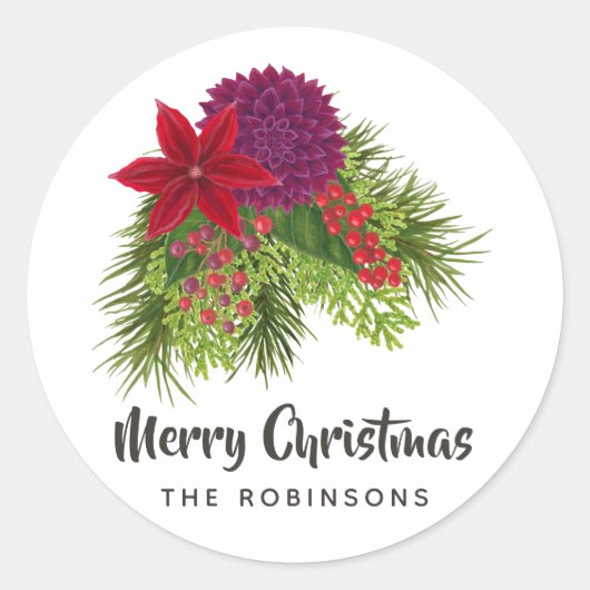 ウォーターカラーフローラル クリスマス ラウンドシール (正面)
