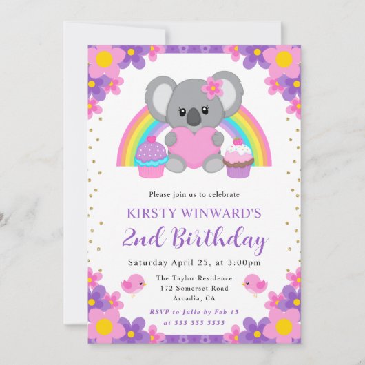 ウォーターカラーフローラレインボーコアラ誕生日 招待状 (正面)