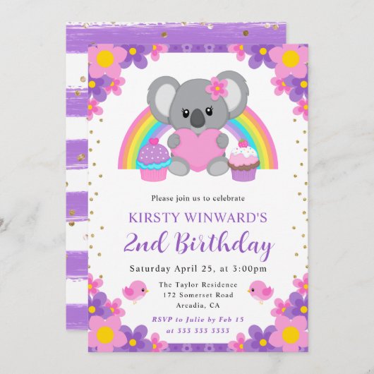 ウォーターカラーフローラレインボーコアラ誕生日 招待状 (正面/裏面)