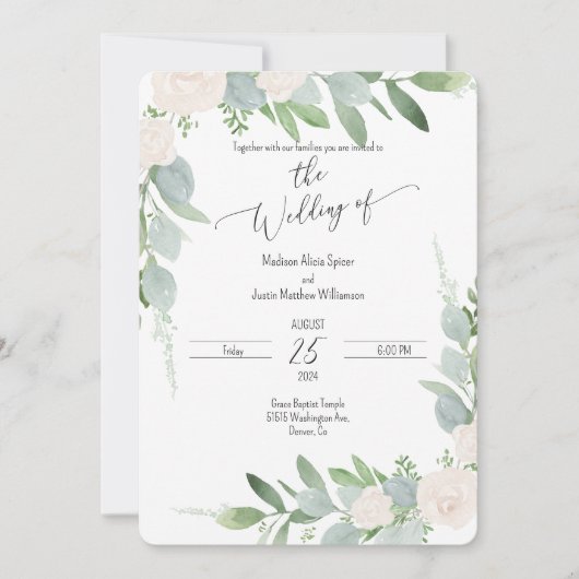 ウォーターカラーフローラ赤面結婚式招待状 招待状 (正面)