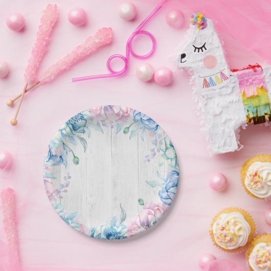 ウォーターカラーフローラ&ウッドファームハウス誕生日 ペーパープレート (パーティー)