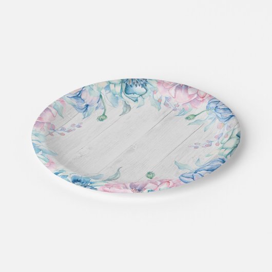 ウォーターカラーフローラ&ウッドファームハウス誕生日 ペーパープレート (アングル)