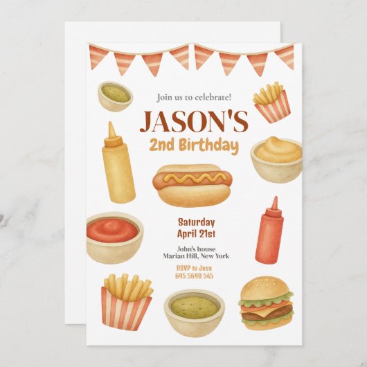ウォーターカラーフードホットドッグバーガー子供の誕生日 招待状 (正面/裏面)