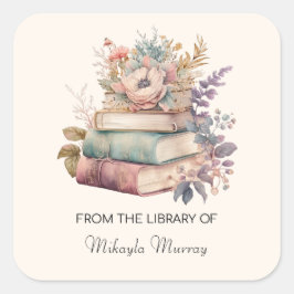 ウォーターカラーブック&フラワーズパーソナライズされた蔵書票 スクエアシール