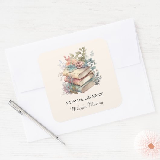ウォーターカラーブック&フラワーズパーソナライズされた蔵書票 スクエアシール (封筒)