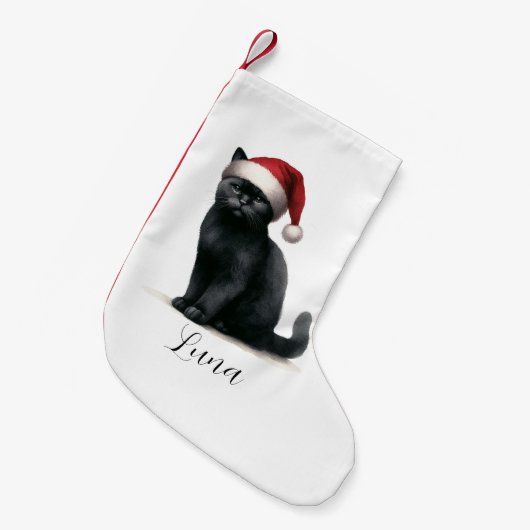 ウォーターカラーブラックキャットインフェスティバルサンタハットストッキング スモールクリスマスストッキング (正面 (吊り時))