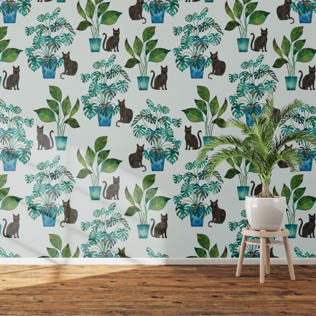 ウォーターカラーブラックキャットモンスターハウスプラントブルー 壁紙 (Black cat with Monstera houseplant  art wallpaper)