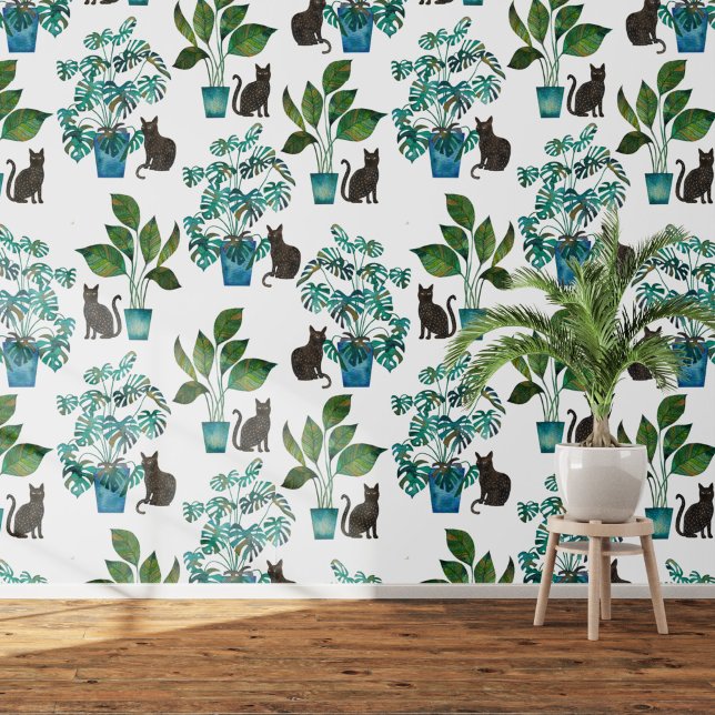 ウォーターカラーブラックキャットモンスターハウスプラント 壁紙 (Black cat with monstera houseplants watercolor  art wallpaper)