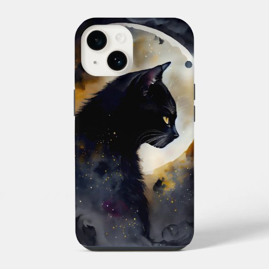ウォーターカラーブラックキャット月食ムーンアート iPhoneケース (裏面)
