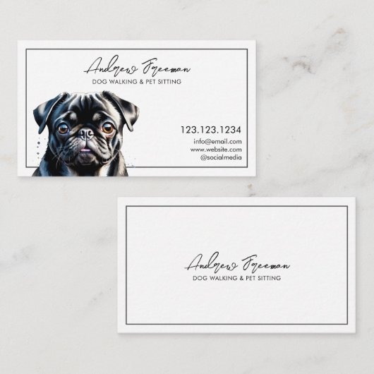 ウォーターカラーブラックパグドッグ歩く 名刺 (正面/裏面)
