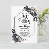ウォーターカラーブラックフラワー 30歳の誕生日パーティー 招待状 (スタンド正面)