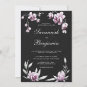 ウォーターカラーブラックリラピンクの蘭の花の結婚式  招待状 (正面)