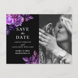 ウォーターカラーブラック&パープルの花柄 Save the Date ポストカード