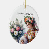 ウォーターカラーブルガリア人女性ピンクホワイトローズフォーク セラミックオーナメント (右)