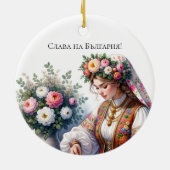 ウォーターカラーブルガリア人女性ピンクホワイトローズフォーク セラミックオーナメント (裏面)