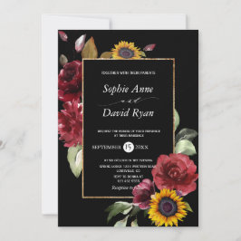 ウォーターカラーブルガンディヒマワリ秋結婚金ゴールド 招待状